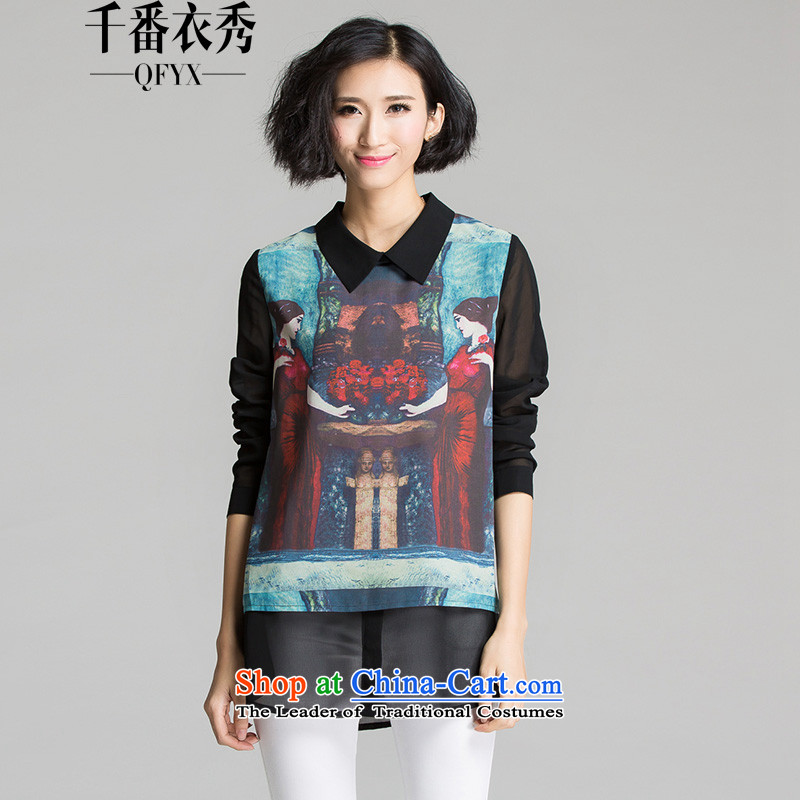 Double Chin Yi Su-large female shirt female thick mm autumn new Stylish retro arts stamp graphics thin long-sleeved T-shirt Q3058?XXXXL black