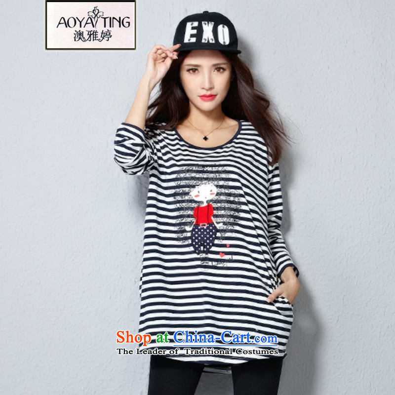 O Ya-ting Korean Version to increase women's code 2015 autumn and winter, forming the basis of new clothes in thin graphics mm thick long long-sleeved shirt female Striped Tee 2550 Royal Blue?XL?165-200 recommends that you Jin