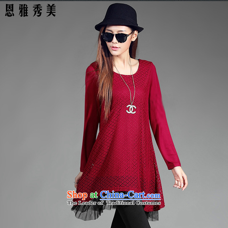 Eun-Ya Xiu 2015 autumn and winter new to increase women's code thick mm200 catty loose video thin engraving lace stitching leave two garment 850XXXL wine red