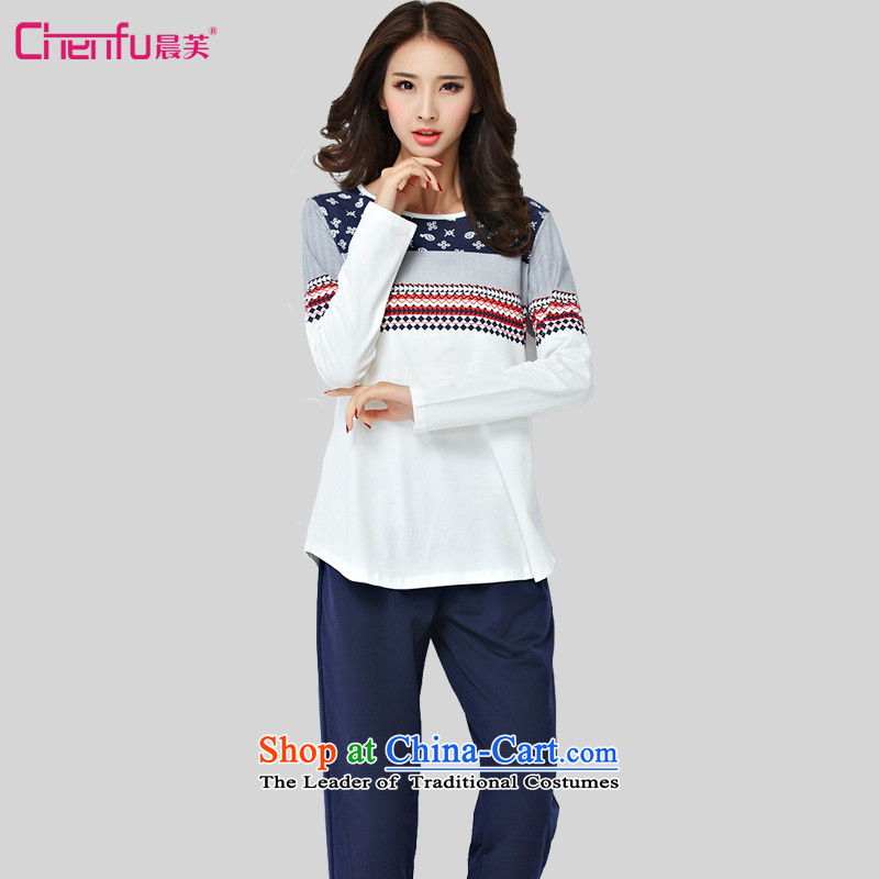 Morning to load the new 2015 autumn to increase women's code of ethnic stamp kit fat mm long-sleeved T-shirt pants and two piece leisure sports suits?2XL_ recommendations 135-150 blue catties_