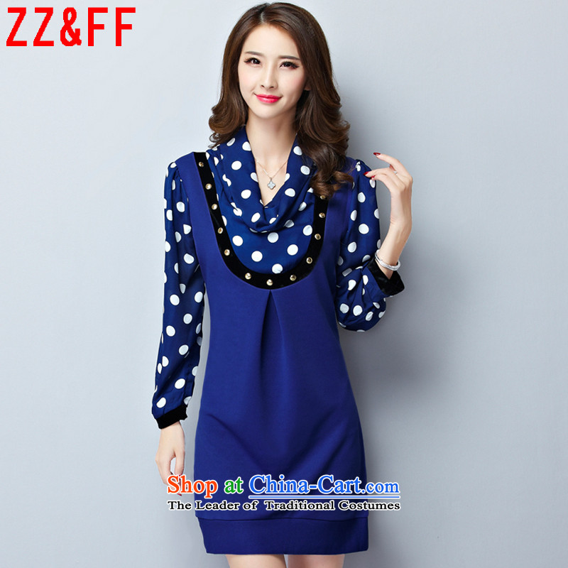Install the latest Autumn 2015 Zz_ff large long-sleeved blouses and code Sau San dot chiffon skirt wear dresses LYQ8084 BLUE XXXL female