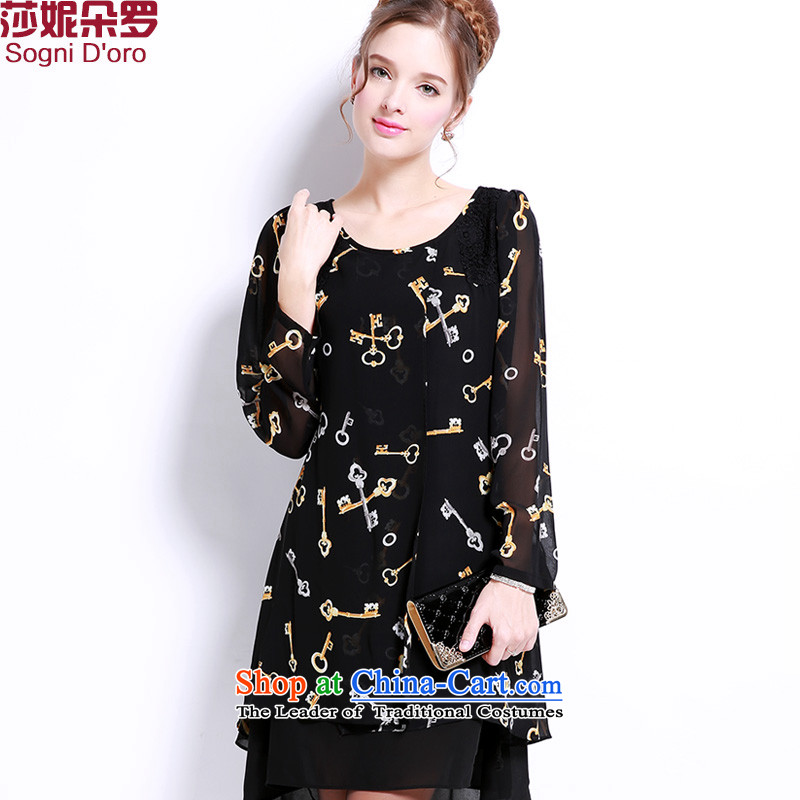 Shani flower, thick girls' Graphics thin, thick mm autumn replacing chiffon to increase the burden on large sister 200 Code women's dresses 13,201 units black?2XL