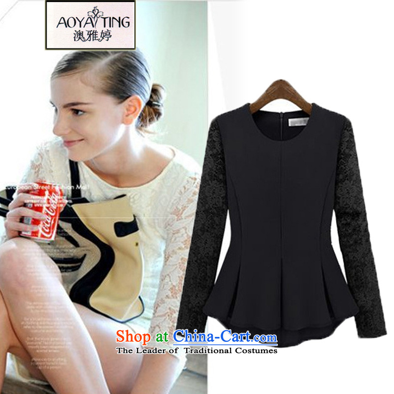 O Ya-ting to increase women's code 2015 autumn and winter new thick mm video thin long-sleeved T-shirt, forming the women lace shirt niba petticoats shirt female 060 Black?3XL?145-165 recommends that you Jin