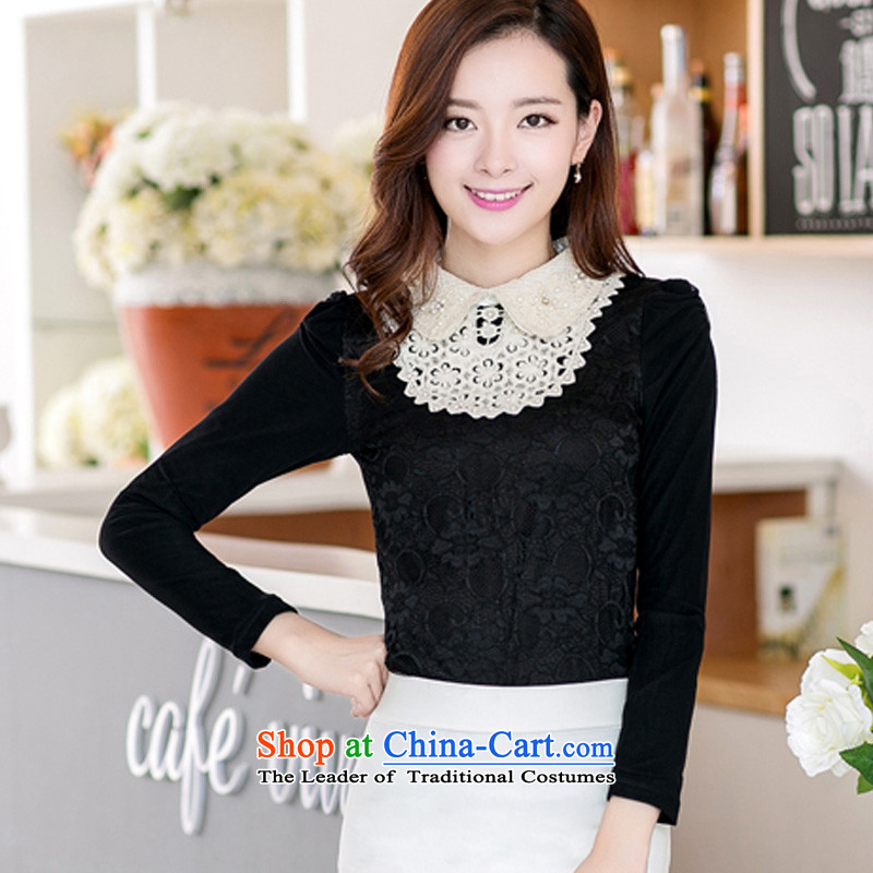Create the 2015 autumn billion new Korean version of large numbers of female add lint-free thick dolls collar warm long-sleeved shirtG8876 forming the laceblackXXL