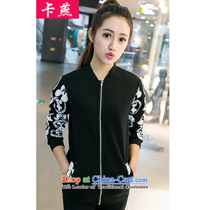 Card Yin to xl female western autumn and winter load new thick MM THIN short of Sau San video small jacket Mickey stamp sportswear cardigan jacket 098 Black 5XL