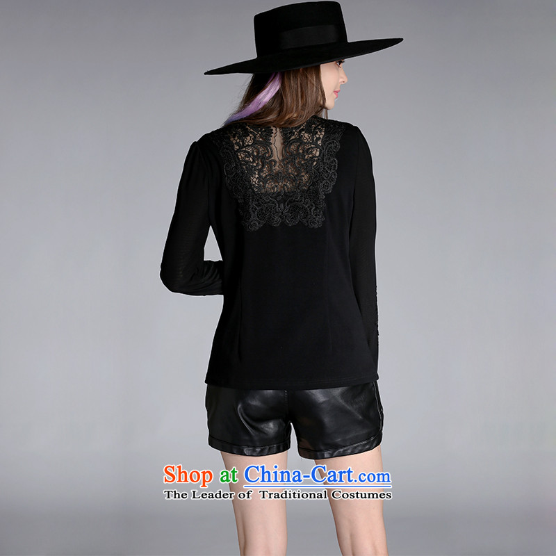 Elizabeth 2015 Western brands and discipline for larger female autumn replacing female t-shirt thick sister stretch PU stitching lace long-sleeved shirt, forming the basis MM thick video thin black 4XL, PQ8063- new discipline Windsor shopping on the Internet has been pressed.