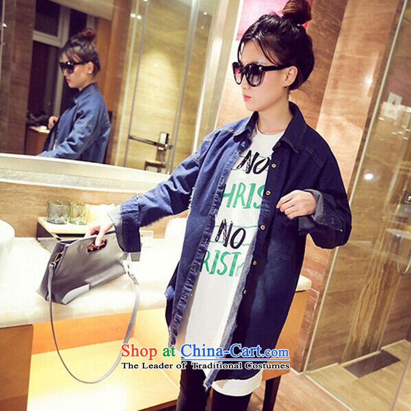 2015 Spring and Fall new Korean version of large numbers of ladies relaxd thick MM thick, Hin students shirts, blouses thick sister thin in the long load cowboy jacket coat autumn dark blue collar wireless tide of L (LINXCR) , , , shopping on the Internet