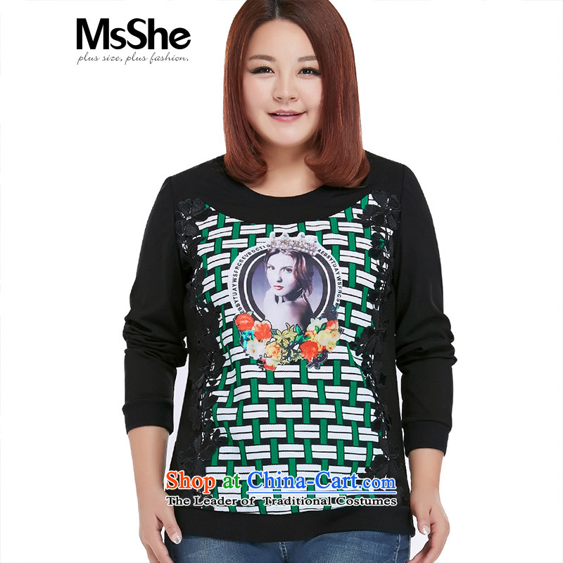 Msshe xl women 2015 new autumn replacing beautiful pattern in the long-sleeve sweater 10311 Black Green 2XL