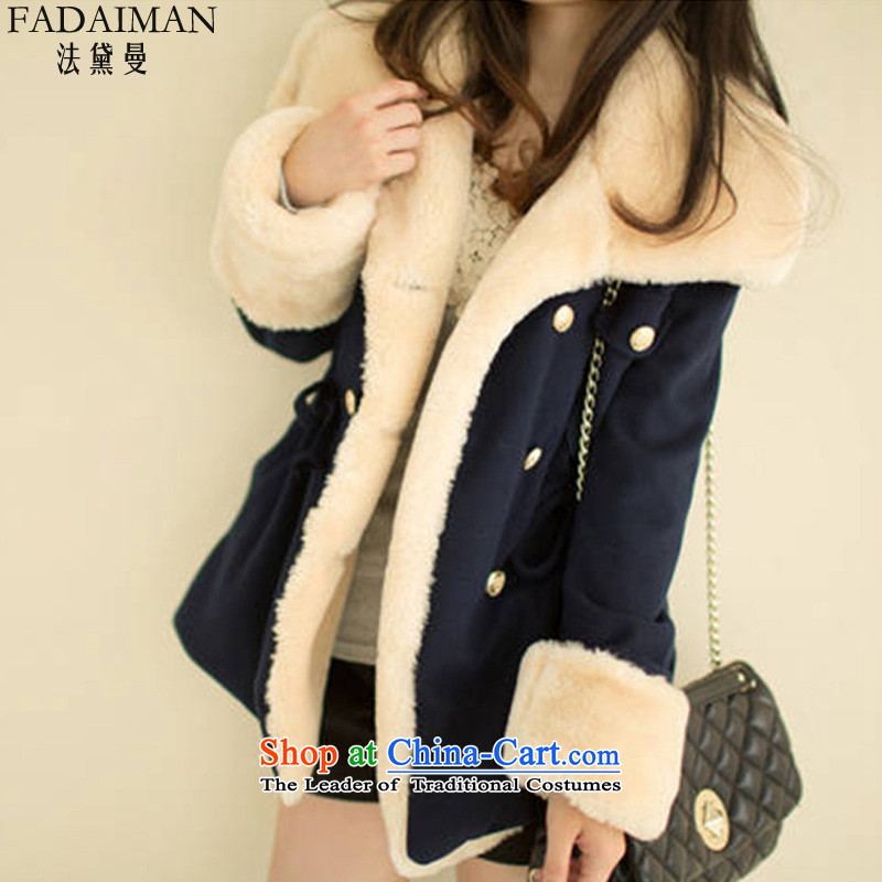 The law of the Cayman?2015 autumn and winter Doi new Korean Sau San video thin preppy double-gross large loose coat?? t-shirt jacket women gross navy?XL