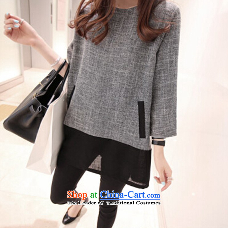 In short ju2015 autumn and winter large female thick MM stitching relaxd dress5XL Light Gray