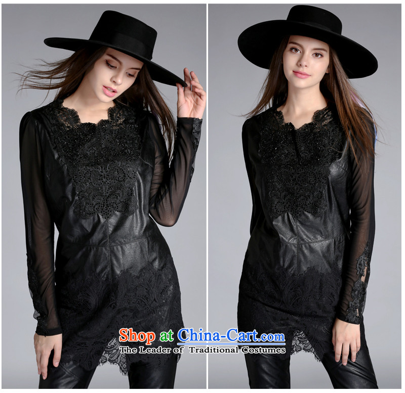 The Ni dream new) Autumn 2015 Europe to increase women's code thick mm stylish PU stitching long-sleeved shirt women forming the lace T-shirt j8061 XXXXXL black picture, prices, brand platters! The elections are supplied in the national character of distribution, so action, buy now enjoy more preferential! As soon as possible.