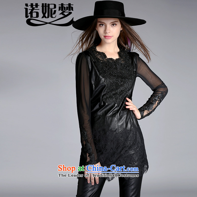 The Ni dream new_ Autumn 2015 Europe to increase women's code thick mm stylish PU stitching long-sleeved shirt women forming the lace T-shirt j8061XXXXXL black
