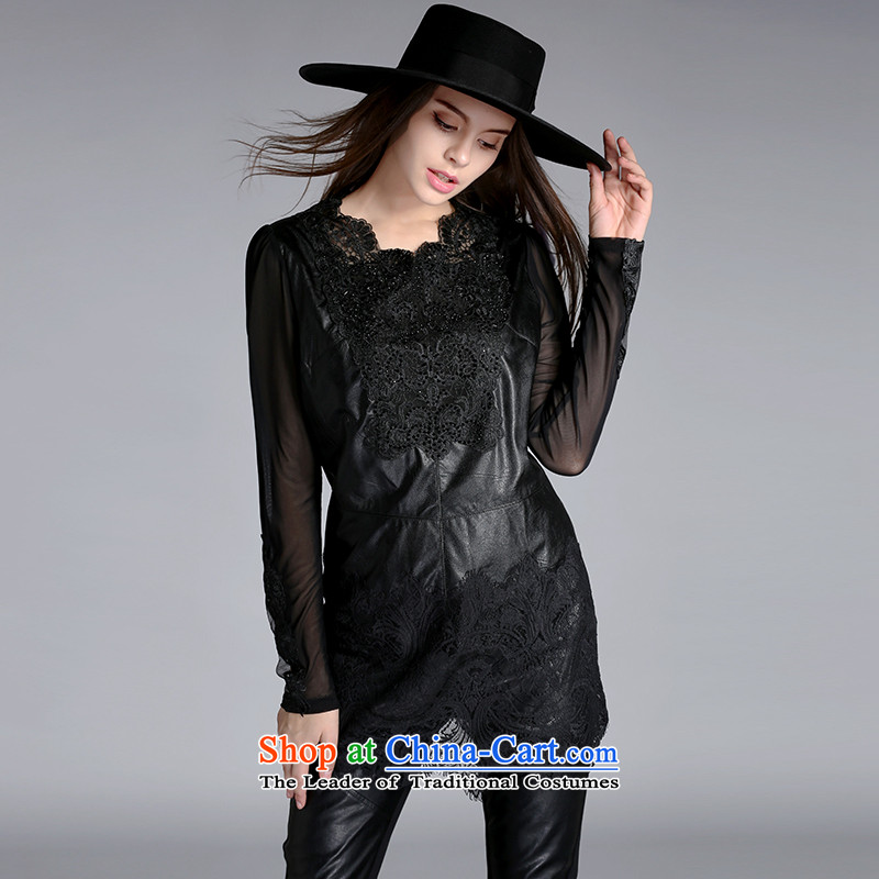 The Ni dream new) Autumn 2015 Europe to increase women's code thick mm stylish PU stitching long-sleeved shirt women forming the lace T-shirt , black XXXXXL, j8061 Connie Dream , , , shopping on the Internet