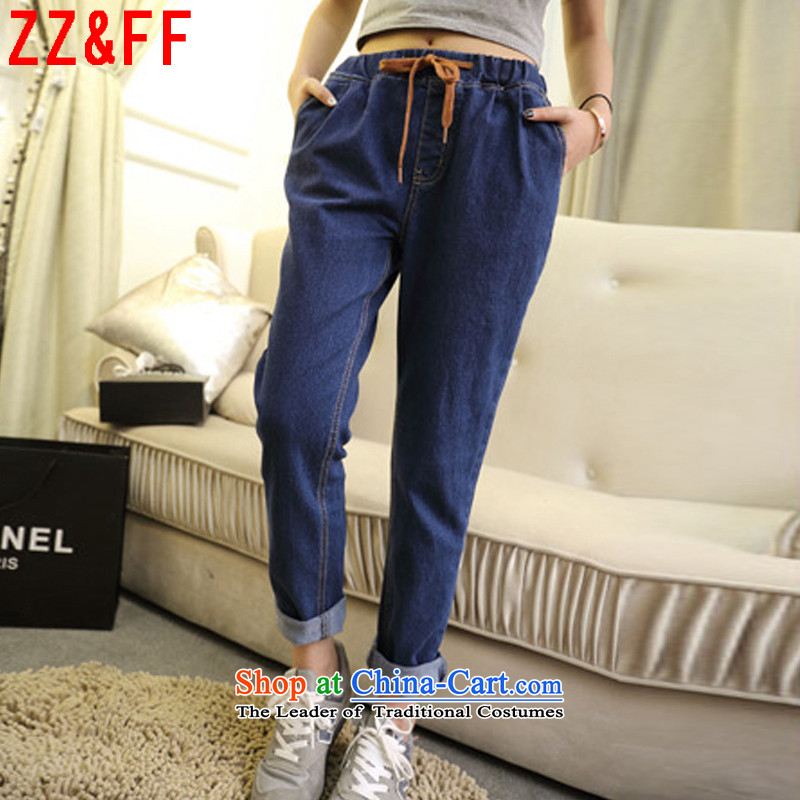 The autumn 2015 new Zz_ff larger women of elasticated waist stretch jeans?NZK1002?Denim blue?XXXL female