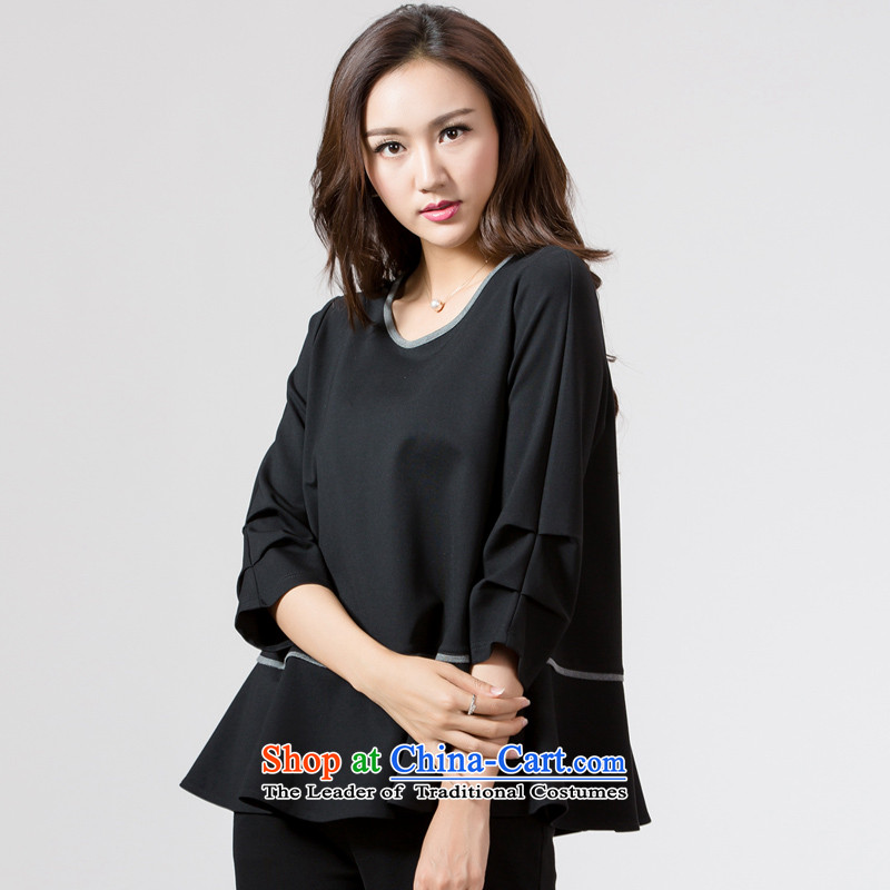 The interpolator auspicious New) Autumn 2015 large female thick mm video thin 7 loose T-shirt-sleeves T-shirt, black pearl 4XL, K5691 auspicious shopping on the Internet has been pressed.
