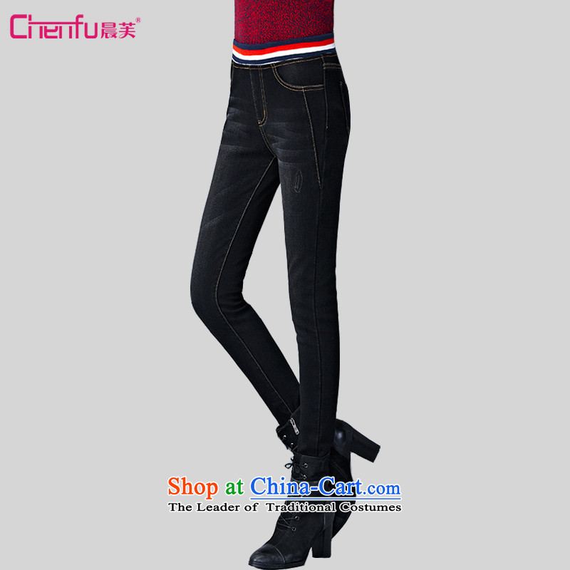 Morning to 2015 autumn and winter new larger elasticated waist with lint-free jeans thick MM plus video thin stretch of gold Sau San lint-free pencil trousers?around 170-190 microseconds catty 4XL_ black recommended_
