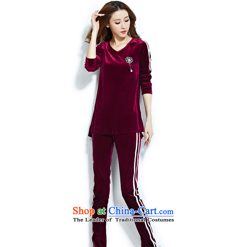 For M- load new autumn 2015 XL female thick mm video thin package Ms. Velvet Lounge two kits long-sleeved T-shirt + pants, wine red 3XL, agreed by the collar and m , , , shopping on the Internet