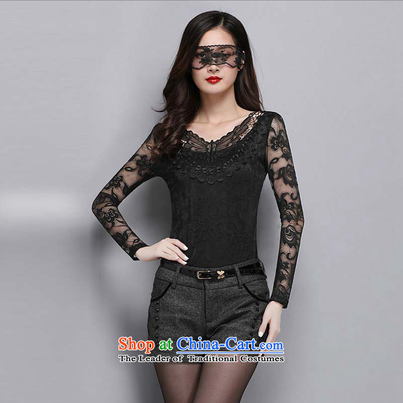 The new maximum code 1378#2015 female Lace up Korean version of V-neck in Sau San gauze long-sleeved shirt engraving forming the black , L, Zhou Yi Yan Shopping on the Internet has been pressed.