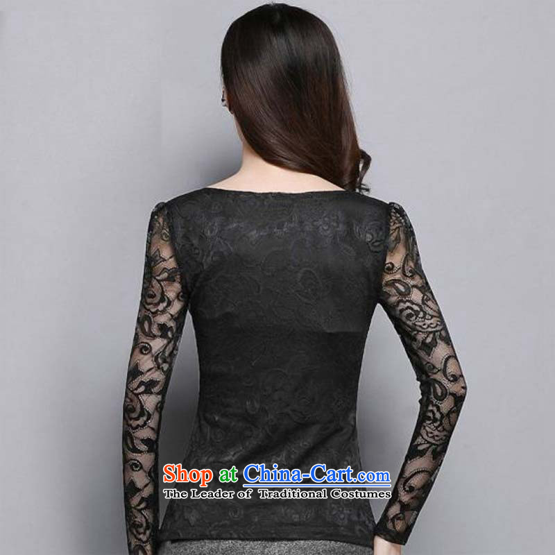 The new maximum code 1378#2015 female Lace up Korean version of V-neck in Sau San gauze long-sleeved shirt engraving forming the black , L, Zhou Yi Yan Shopping on the Internet has been pressed.