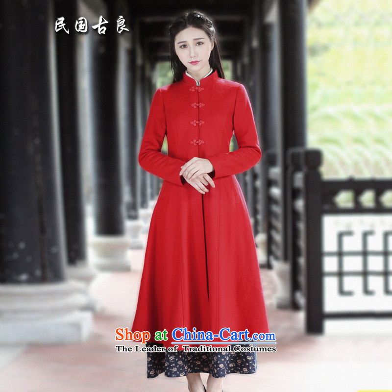 The Republic of Korea Guryan 2015 autumn and winter New China wind women's gross national wind jacket? disc detained in Sau San long retro wool coat? dresses red L