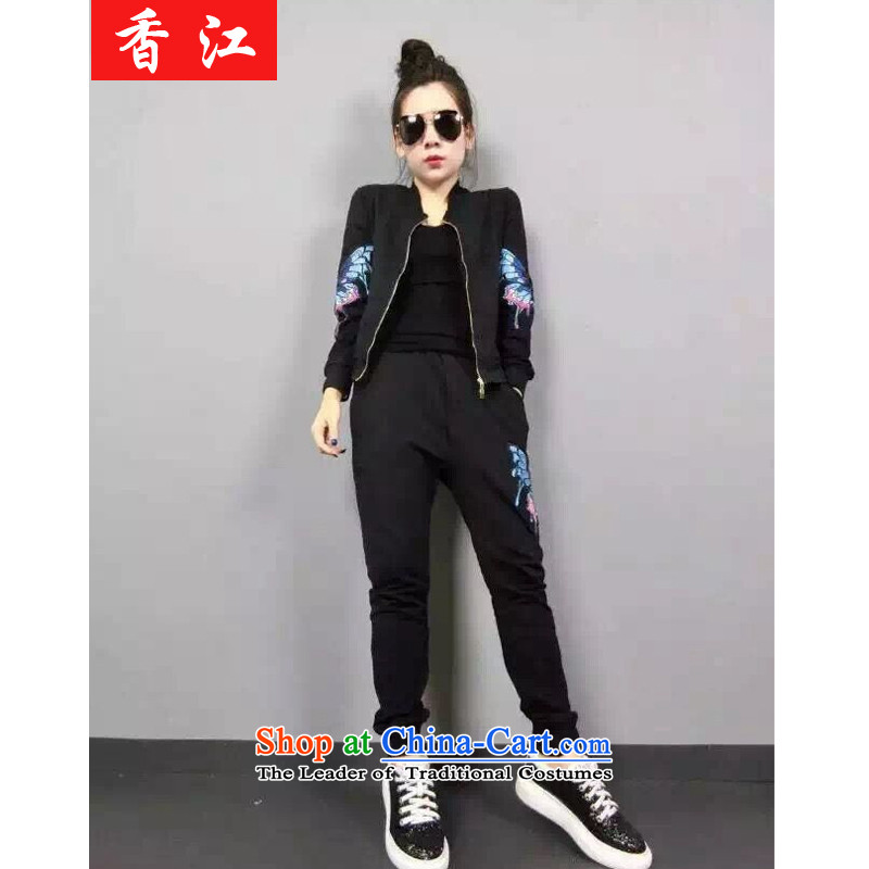 Xiang Jiang to increase women's code thick MM MOUNT KIT WOMEN FALL?200 catties thick sister loose video thin stamp jacket pants and two piece?5203?Black Large Code 2XL