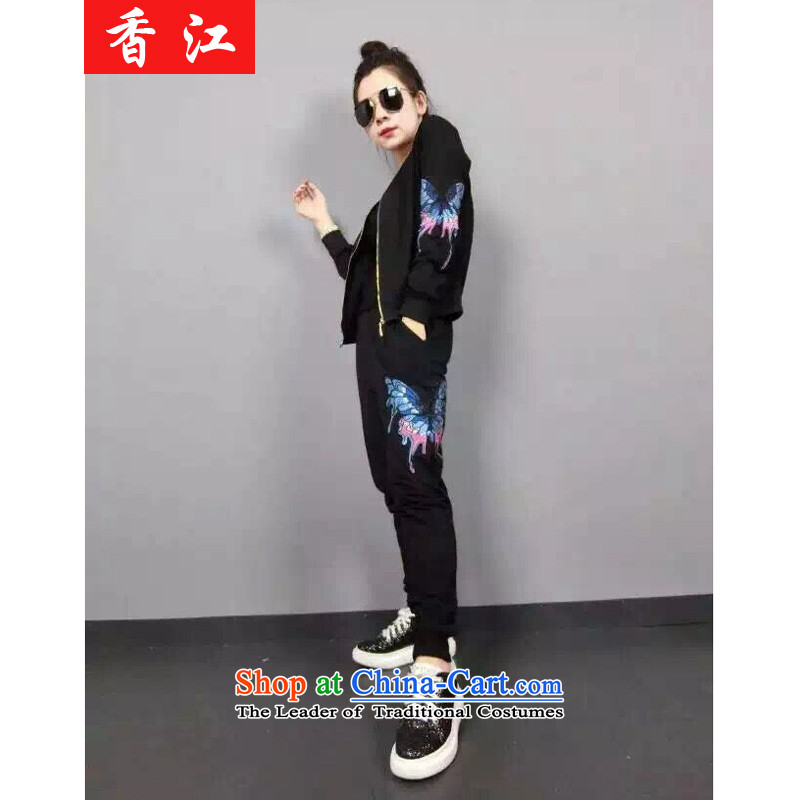 Xiang Jiang to increase women's code thick MM MOUNT KIT WOMEN FALL 200 catties thick sister loose video thin stamp jacket pants and two piece 5203 Black Large 2XL, code Xiangjiang , , , shopping on the Internet