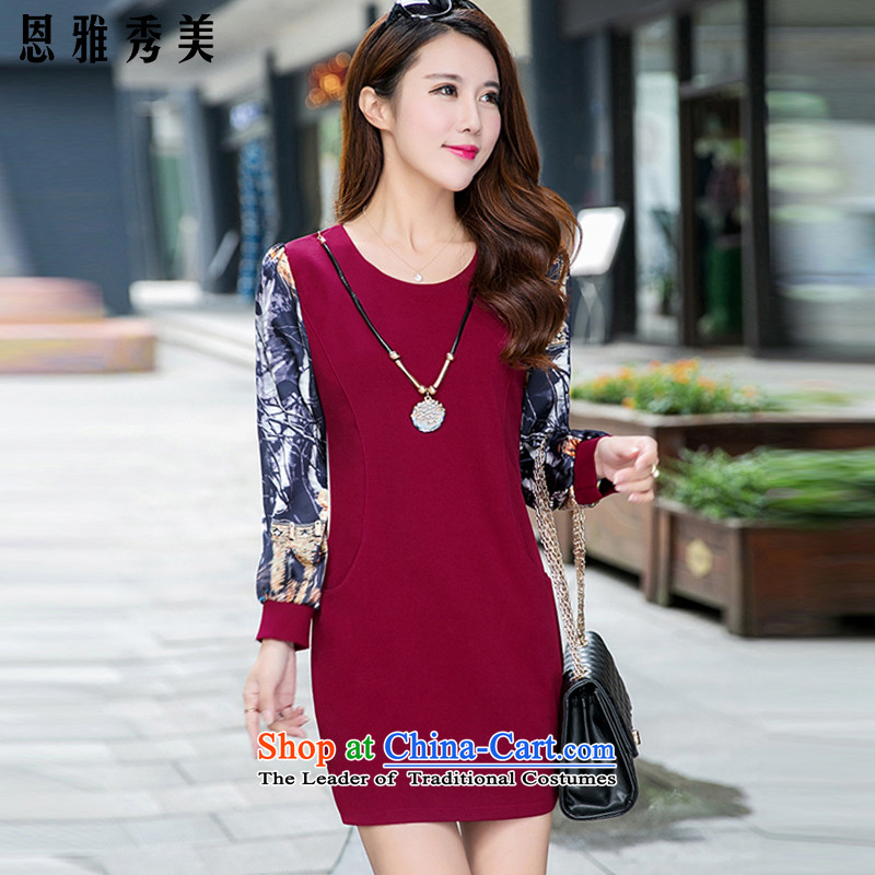 Eun-Ya Xiu 2015 autumn and winter new women's thick MM to xl forming the long-sleeved Sau San stamp stitching package and dresses 818# wine red (thick wool version), 142-155 recommended 5XL Eun Ya Xiu Mei , , , shopping on the Internet