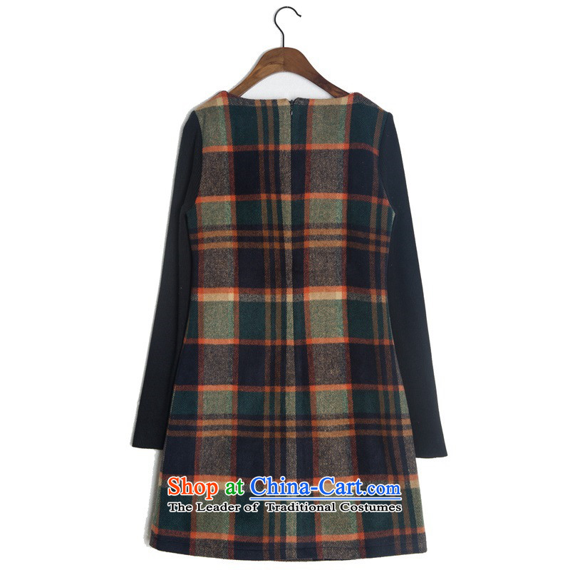 The Korean version of the XL dresses 2015 Fall/Winter Collections new grid long-sleeved gross skirt round-neck collar of the Sau San? commuter forming the skirt thick Mei short skirt with dark green video thin 3XL about 155-170, Constitution Yi shopping on the Internet has been pressed.