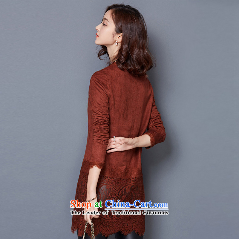 Small Flower of 2015 Fall/Winter Collections new larger women in long lace stitching long-sleeved shirt, forming the lint-free coffee-colored  M Fiber #D1296 flower staff (QIDURMER) , , , shopping on the Internet