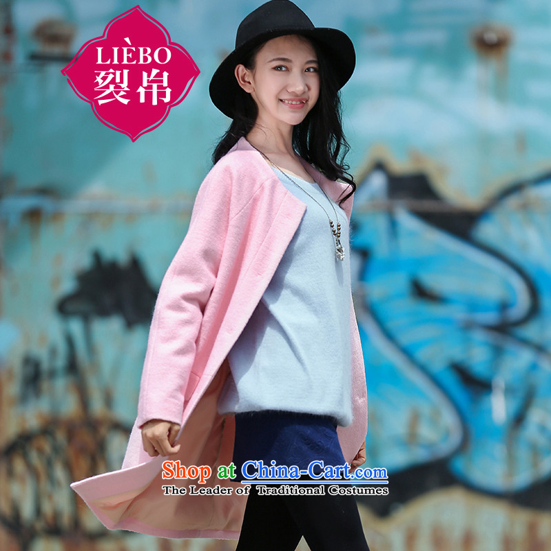 Tearing silk 2015 autumn and winter new Wild solid color pocket long coat round-neck collar long-sleeved jacket female 51150638 gross? pink?S