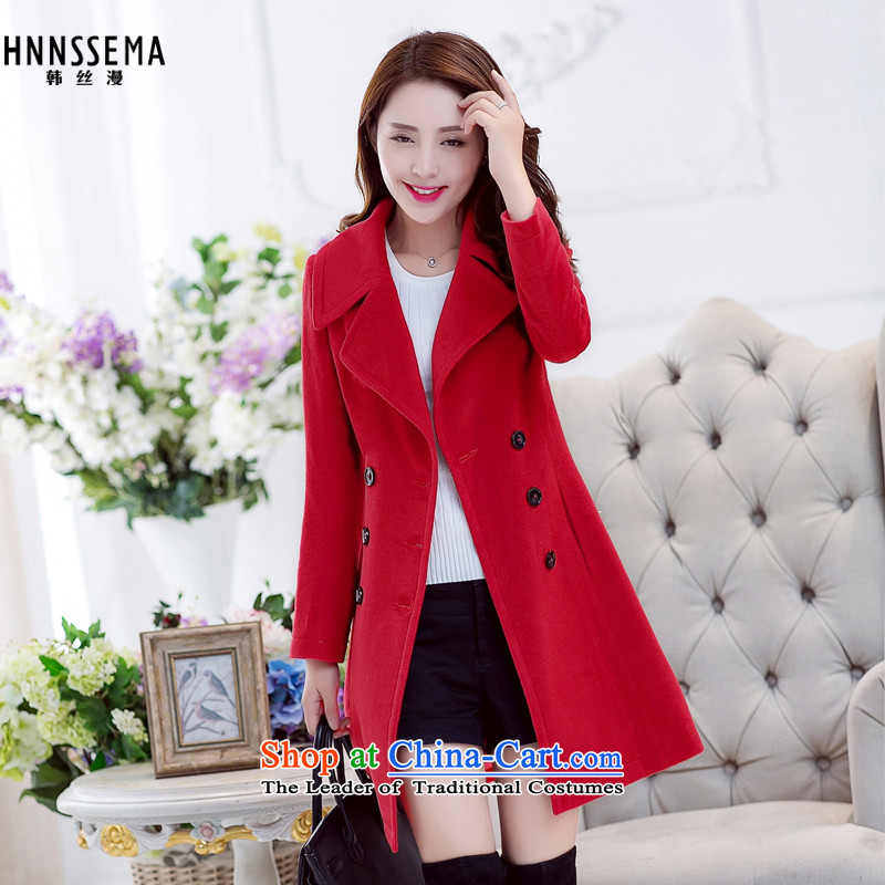 The Korean population spread?by 2015 autumn and winter New Sau San a wool coat stylish medium to long term, the temperament cotton thick hair? female Korean jacket HSM8012 large red?S