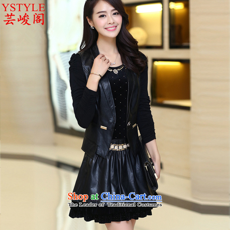 Yun Jun 2015 Autumn Pavilion with new long-sleeved dresses PU two kits autumn large Leather Women's dress code, a skirt kit decorated dressed in black XXL