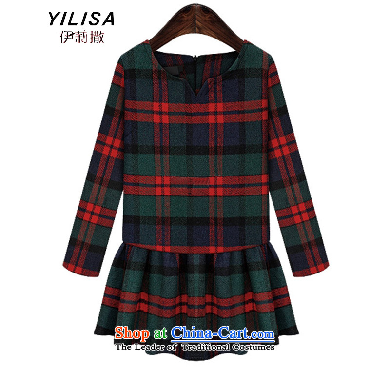 Elizabeth sub-2015 Fall_Winter Collections of new large western dress modestly thick mm200 latticed long-sleeved catty video thin, forming the skirt the skirt K677 green tartan?3XL