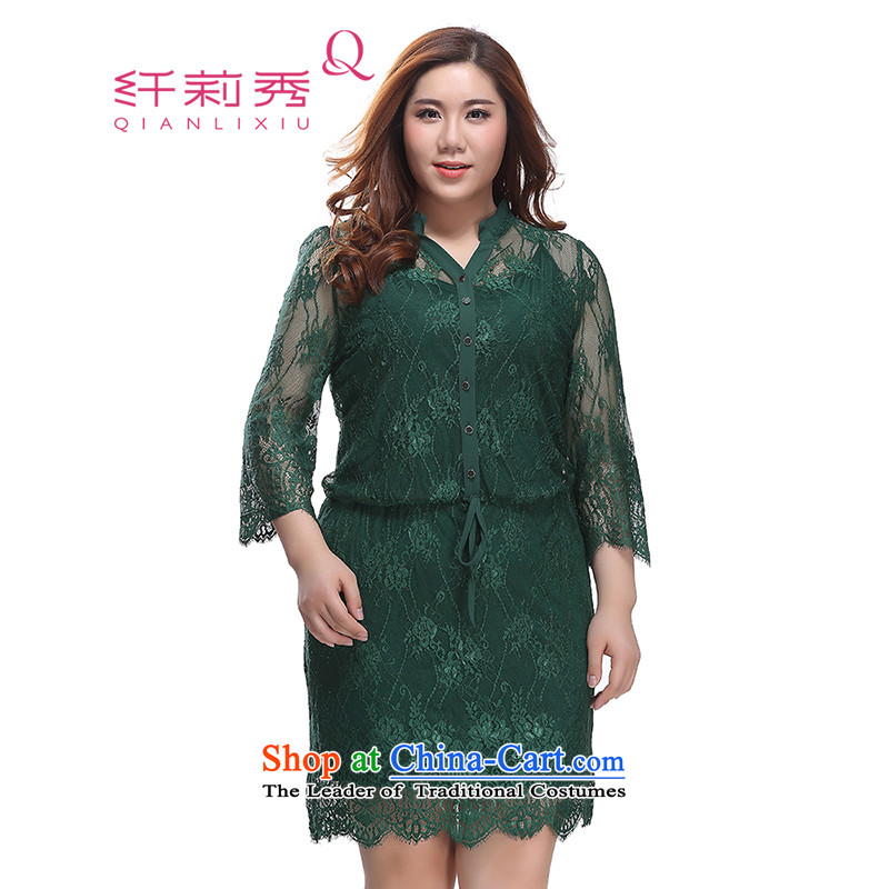 The former Yugoslavia Li Sau 2015 autumn large new mount female shirt-V-Neck lace elastic waist 7 cuff dresses 0556 Emerald4XL