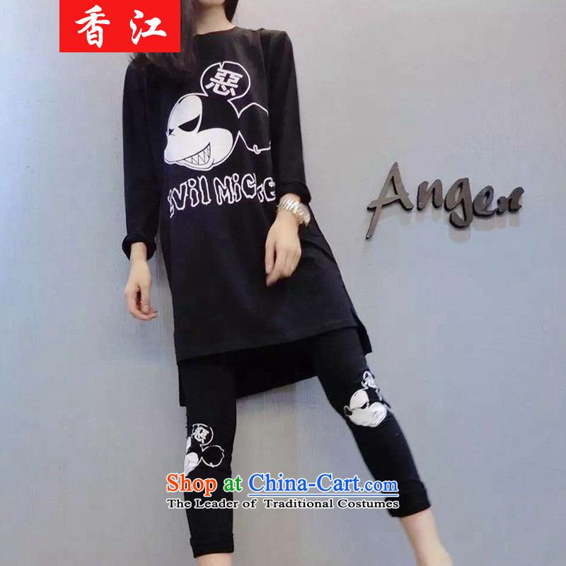 Xiang Jiang to increase women's code thick MM autumn graphics thin kit in the burden of her sister thick 200 long trousers, forming the largest T-shirt leisure wearsblack large code 5XL 5999 recommendations 175-215 catty