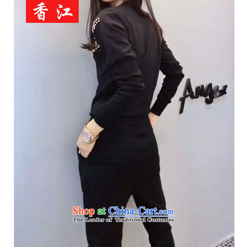 Xiang Jiang to increase women's code thick mm thin nail pearl video long-sleeved shirt knitted pants and two kit/200 catties fall thick sister 5891 replacing black large code 2XL recommendations 120-140, Hong Kong has been pressed shopping on the Internet