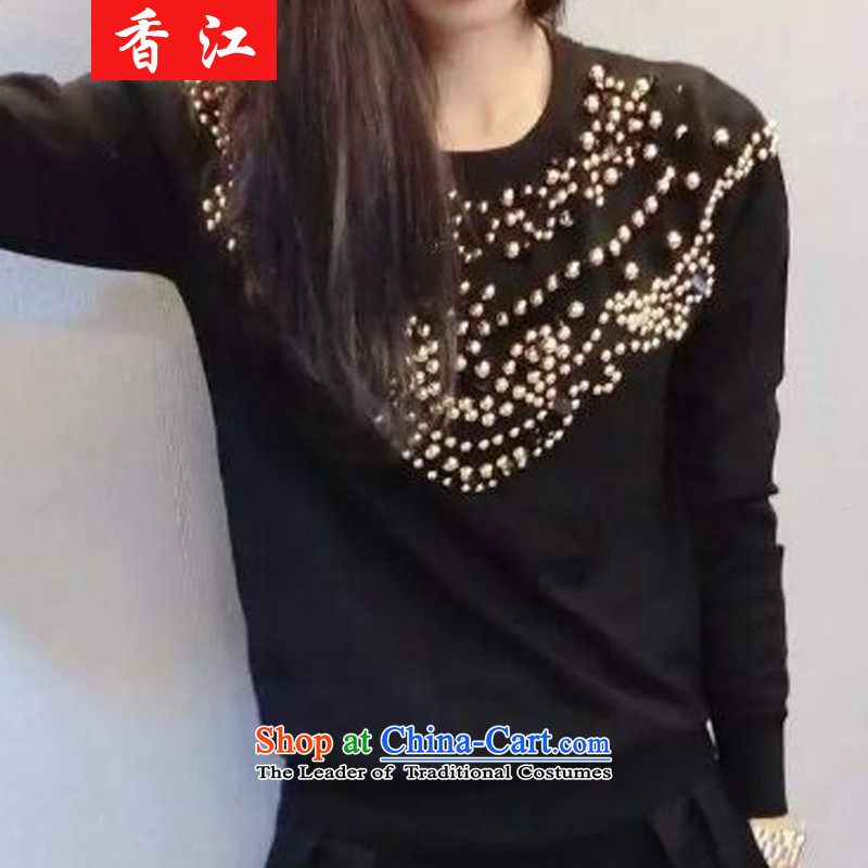 Xiang Jiang to increase women's code thick mm thin nail pearl video long-sleeved shirt knitted pants and two kit/200 catties fall thick sister 5891 replacing black large code 2XL recommendations 120-140, Hong Kong has been pressed shopping on the Internet