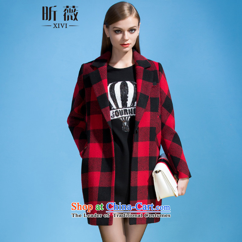 Ms Audrey Eu xivi Xin Stylish coat 2015 gross? of autumn and winter in Europe and the new long straight latticed suits Neck Jacket Y754017 Red HaigL