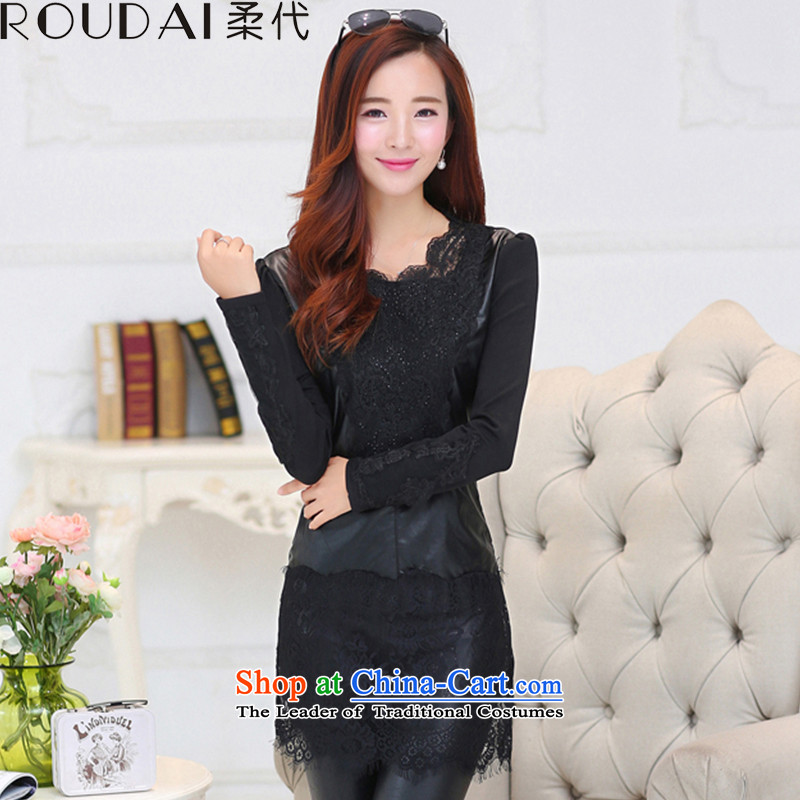Sophie generation?2015 new autumn and winter, Korean version of PU lace stitching plus lint-free T-shirt shirt thick forming the largest women?p355 Code V-neck _lint-free_ XL