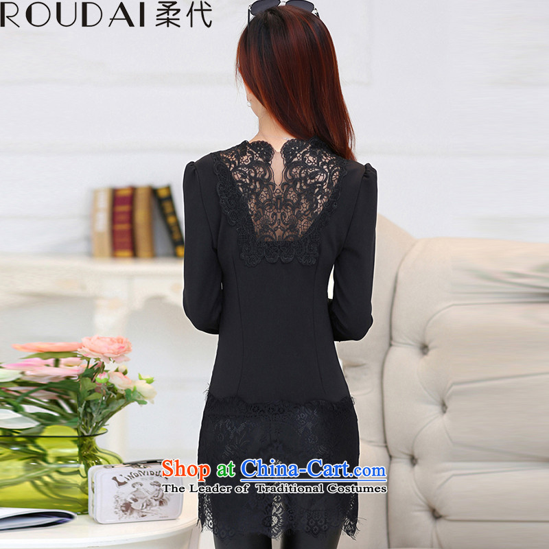 Sophie generation 2015 new autumn and winter, Korean version of PU lace stitching plus lint-free T-shirt shirt thick forming the largest women p355 Code V-neck (plus) XL, soft, lint-free generation (ROUDAI) , , , shopping on the Internet