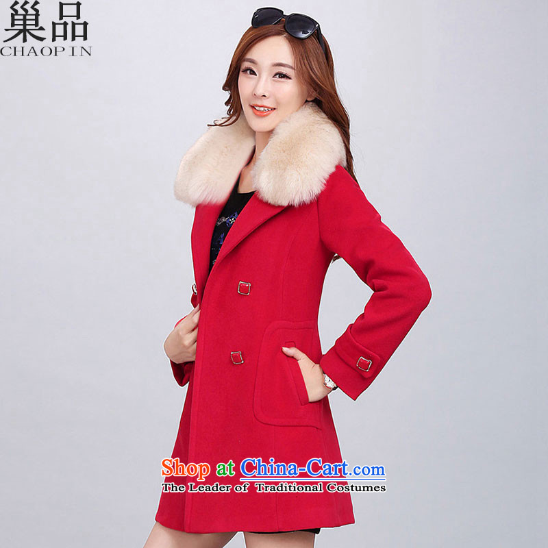 The nest products 2015 autumn and winter new women in Korean Long Hair Girl? a jacket with removable collar_A gross cotton Edition_ RedL