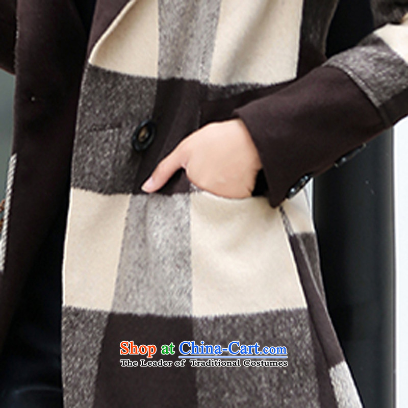 2015 Autumn and winter new stylish Korean Ladies casual simplicity to the grid in the lapel long jacket, gross? female coffee, M, coats charm and Asia (charm bali shopping on the Internet has been pressed.)