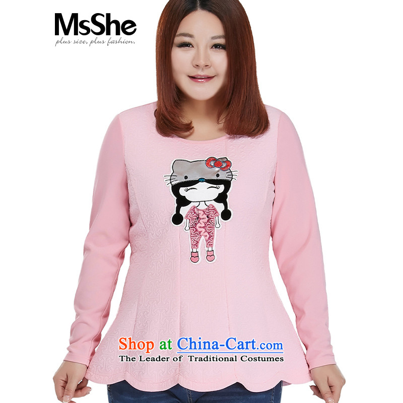 To increase the number msshe women 2015 new autumn replacing thick MM sweet cartoon picture sweater 10551 pink4XL