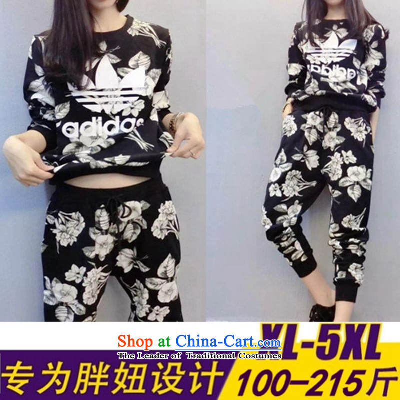 Replace the Korean version of the 2015 autumn large female thick MM loose, Hin thin, thick thick sister 200 catties sports and leisure long-sleeve sweater pants stylish two kits pack Black?XXXXXL175-215?catty