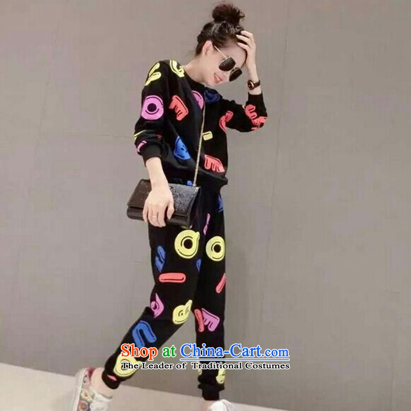Load the new Korean autumn version female large relaxd thick MM long-sleeve sweater casual pants and two kit thick, Hin thin, thick sister 200 catties stylish sports suits black , collar line XXXL140-160 tide (LINXCR) , , , shopping on the Internet