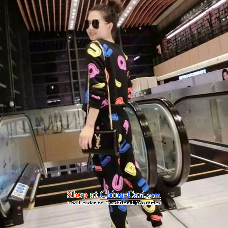 Load the new Korean autumn version female large relaxd thick MM long-sleeve sweater casual pants and two kit thick, Hin thin, thick sister 200 catties stylish sports suits black , collar line XXXL140-160 tide (LINXCR) , , , shopping on the Internet