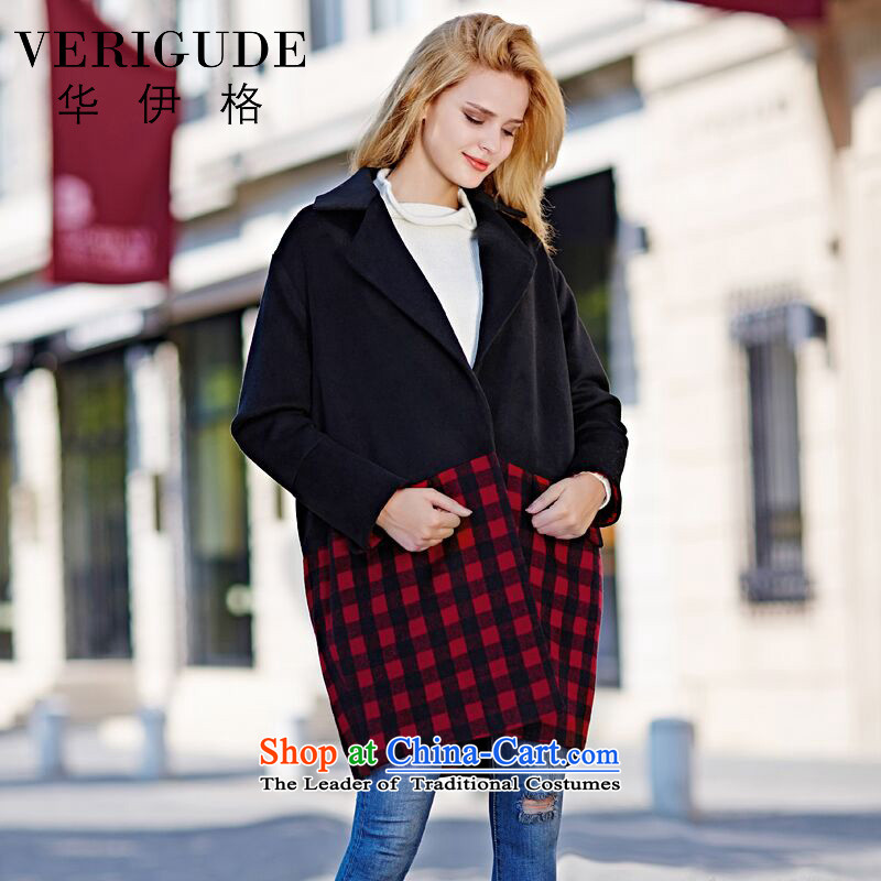 China of the 2015 autumn and winter coats are grid gross England wind loose stitching color plane collision length_? sub-jacket female black and redS