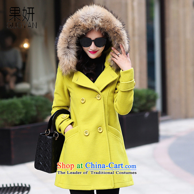 Charlene Choi 2015 Winter Fruit coats, wool? long hair collar cap Sau San woolen coat L8105 Fluorescent GreenXL