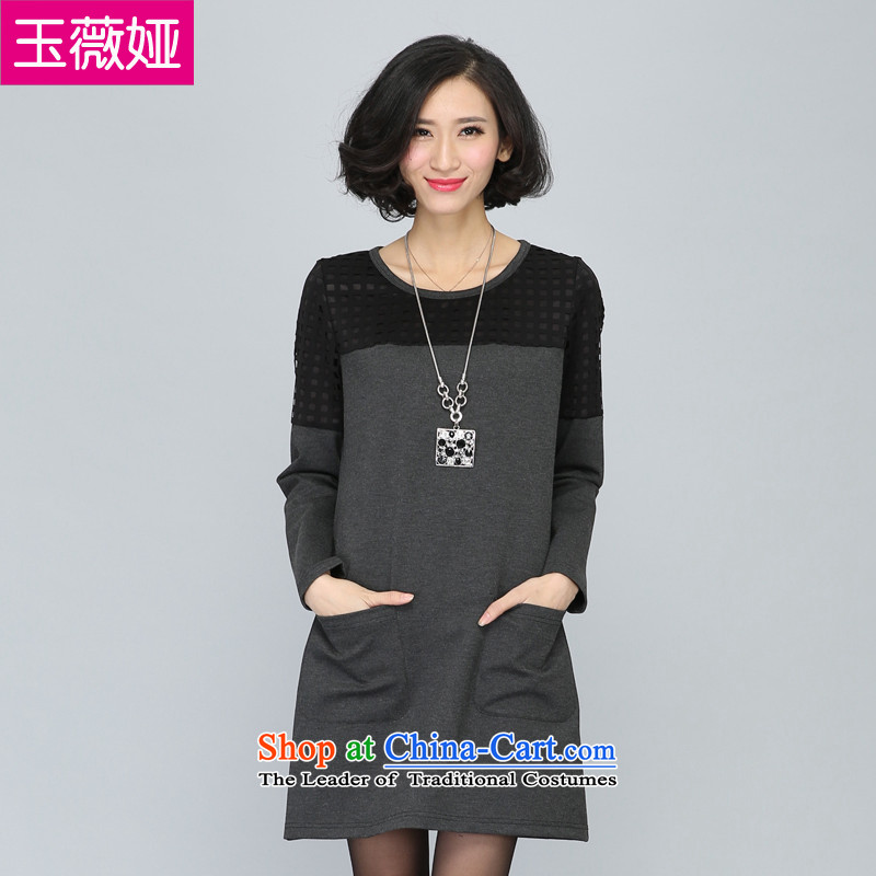 The Hon Audrey Eu Yuet-yu ya larger women 2015 Autumn boxed version Korea mm thick long round-neck collar long-sleeved video thin dresses large gray code 2XL code _135-155 recommended catty_