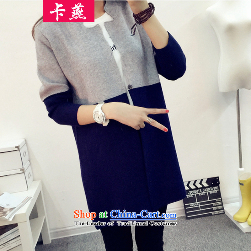 Card to increase in yin long thick MM knitwear LADIES CARDIGAN COAT 2015 new autumn stitching sweater girl jacket 200 catties 5210 Light Gray + navy blue 3XL175-200 around 922.747